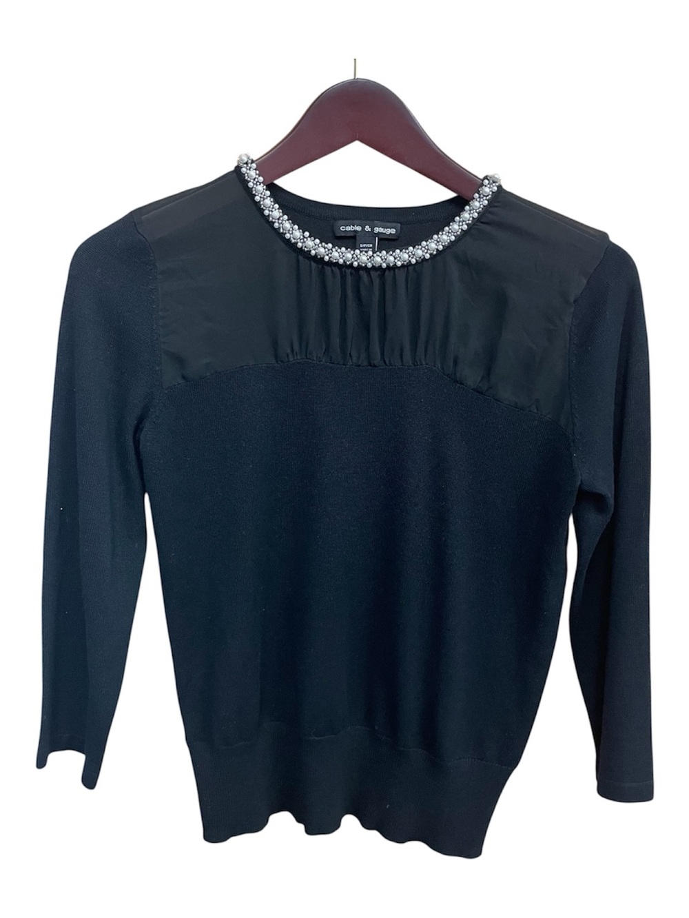 Cable & Gauge Black Beaded Chiffon Yoke 3/4 Sleeve Sweater Small